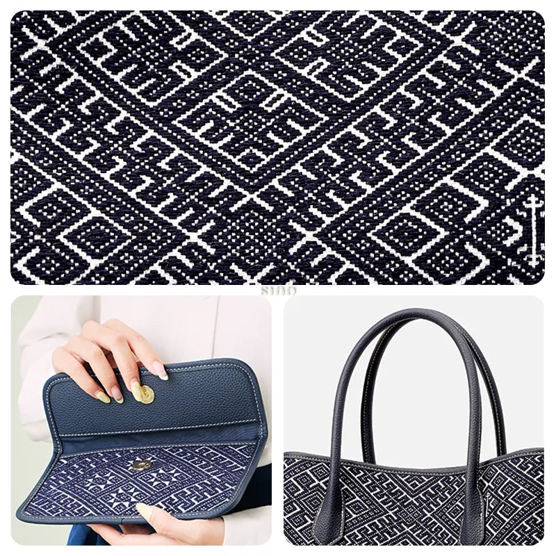 Close-up collage of Zhuang Brocade Embroidered Leather Shoulder Bag details: Flying Swallow Motif embroidery, interior pocket organization, and adjustable long leather strap.