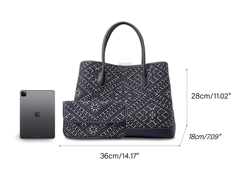 Dimensions diagram of Zhuang Brocade Embroidered Leather Shoulder Bag with Flying Swallow Motif: Length 36cm/14.17", Depth 18cm/7.09", Height 28cm/11.02". Illustration includes labeled measurements for the bag's structured design.