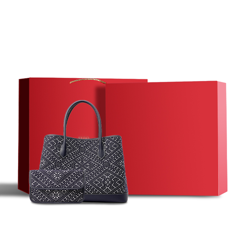Zhuang Brocade Embroidered Leather Shoulder Bag presented in a luxurious red gift box, ideal for gifting and premium packaging.