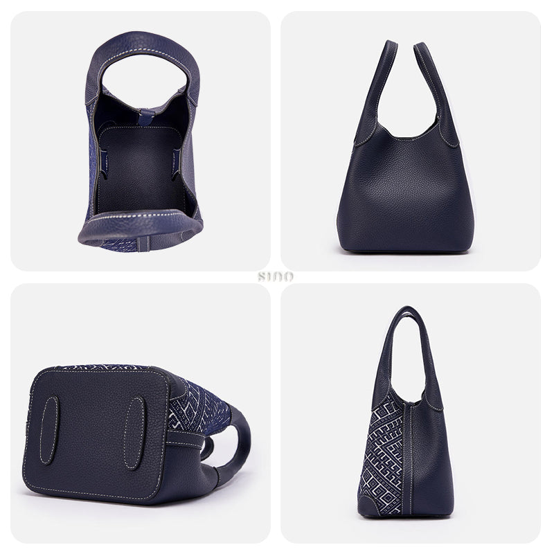 Four panel detail view of luxury basket tote bag showing interior compartment, back side structure, reinforced bottom base, and side profile construction.