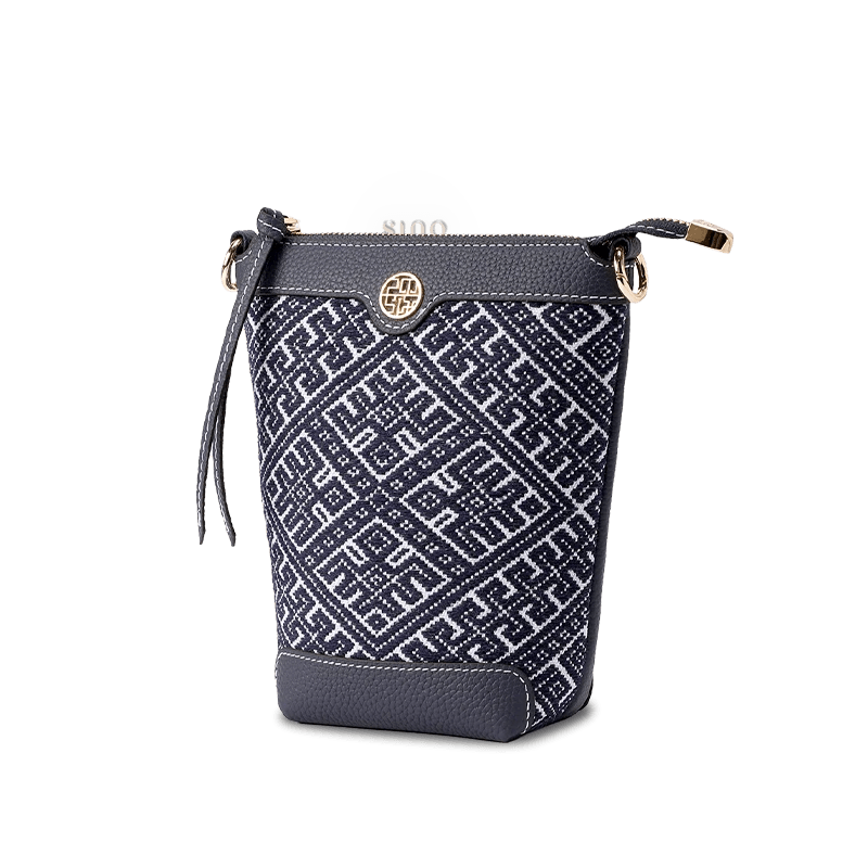 Zhuang Brocade Flying Swallow Motif Embroidered Leather Bucket Crossbody Bag - SinoCultural -- FJ210617