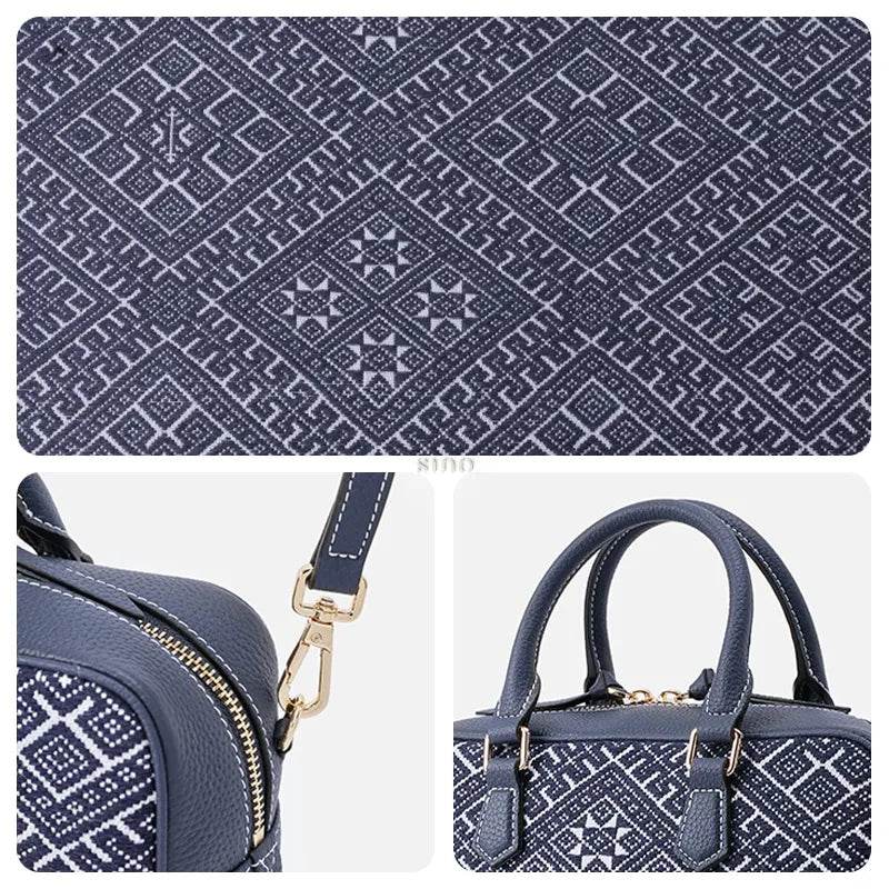 Zhuang Brocade Flying Swallow Motif Embroidered Leather Crossbody Bag - SinoCultural -- FJ110690