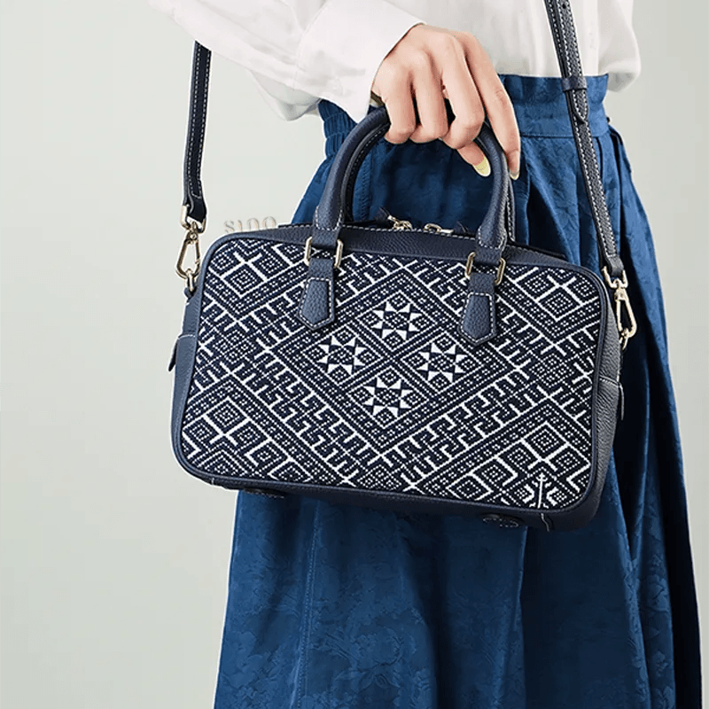 Zhuang Brocade Flying Swallow Motif Embroidered Leather Crossbody Bag - SinoCultural -- FJ110690