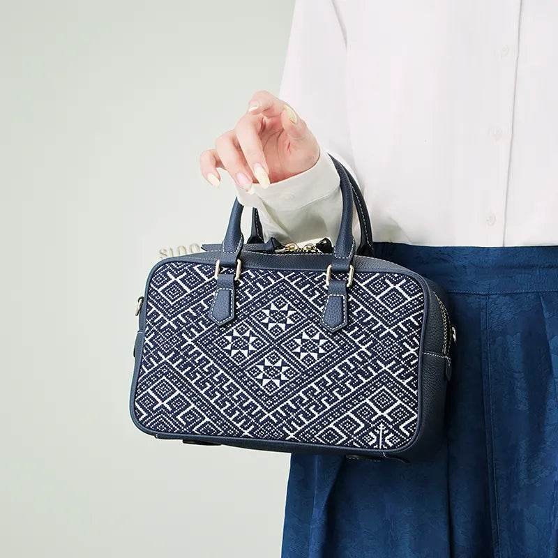 Zhuang Brocade Flying Swallow Motif Embroidered Leather Crossbody Bag - SinoCultural -- FJ110690
