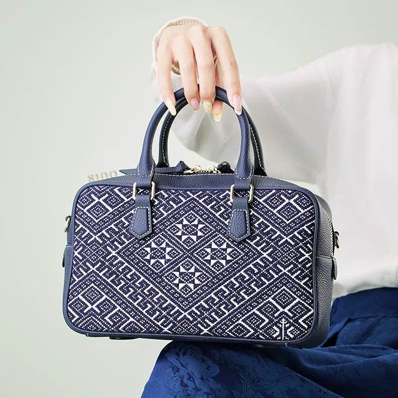 Zhuang Brocade Flying Swallow Motif Embroidered Leather Crossbody Bag - SinoCultural -- FJ110690