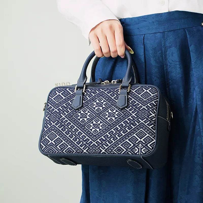 Zhuang Brocade Flying Swallow Motif Embroidered Leather Crossbody Bag - SinoCultural -- FJ110690