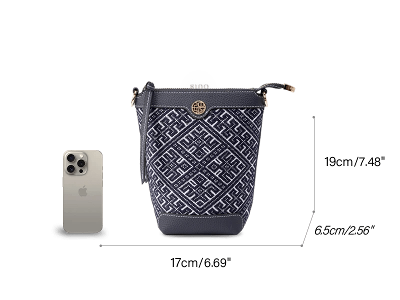 Zhuang Brocade Flying Swallow Motif Embroidered Leather Bucket Crossbody Bag - SinoCultural -- FJ210617