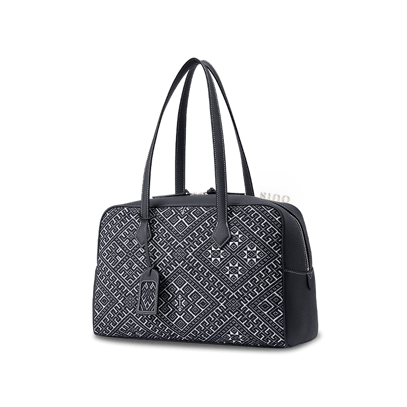 Zhuang Brocade Flying Swallow Motif Embroidered Leather Handbag - SinoCultural -- FJ110689