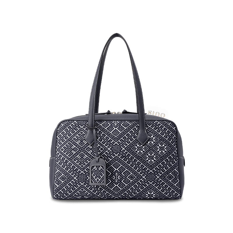 Zhuang Brocade Flying Swallow Motif Embroidered Leather Handbag - SinoCultural -- FJ110689