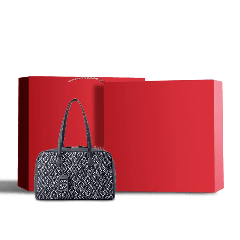 Zhuang Brocade Flying Swallow Motif Embroidered Leather Handbag - SinoCultural -- FJ110689