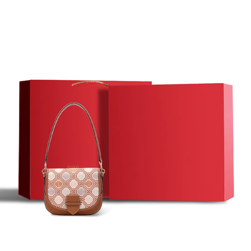 Red gift box packaging for zhuang brocade messenger bag.
