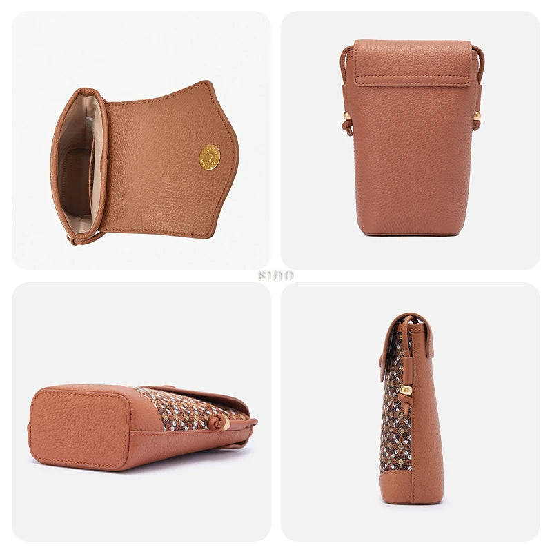 Zhuang Brocade crossbody phone bag details showing the interior, back, base, and side construction of the brown phone bucket bag.