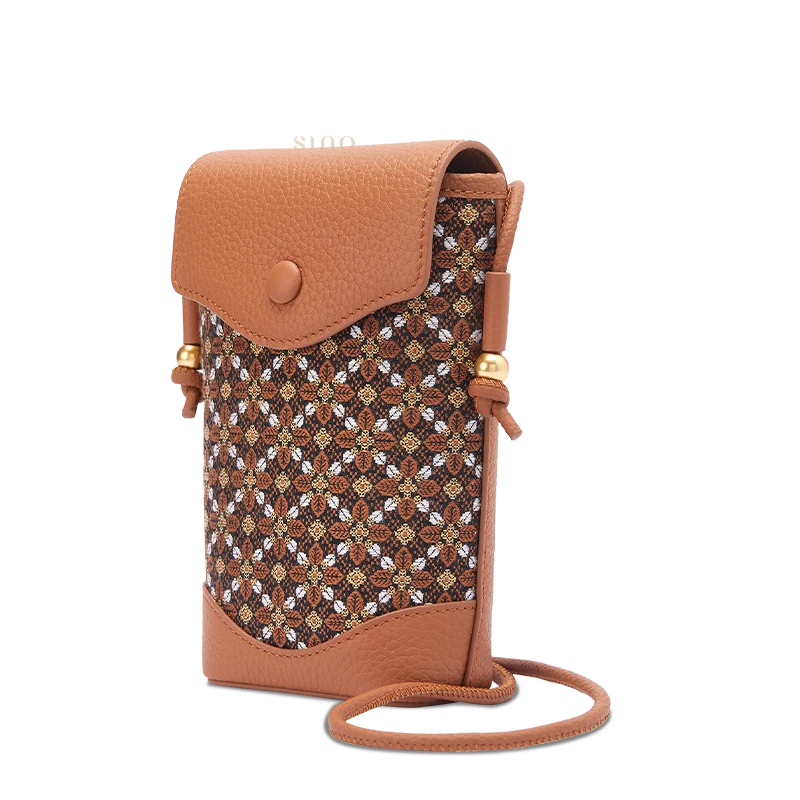 Brown Zhuang Brocade phone bucket bag for women with Osmanthus motif and leather details, angled front view.