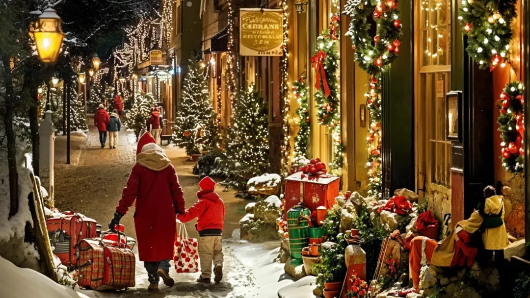 Elegant Christmas street scene with twinkling lights, decorated trees, and pedestrians—capturing the blend of East and West for Sinocultural's holiday gift guide.