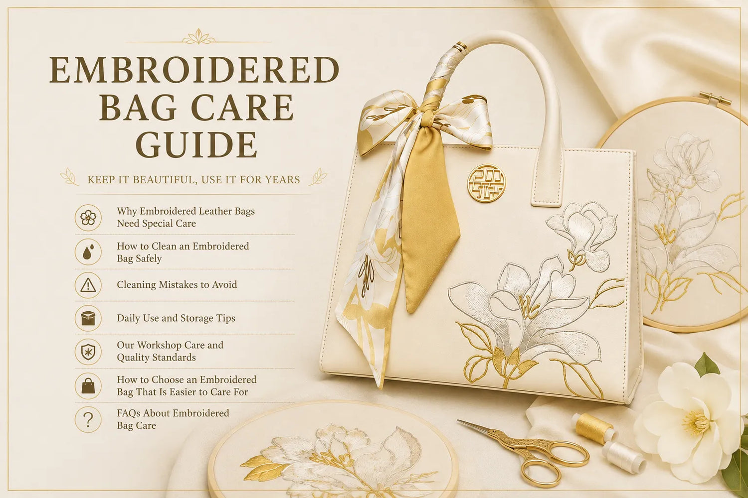 Sinocultural embroidered bag care guide featuring a luxury floral embroidered leather handbag, highlighting cleaning methods, daily care, and storage tips.