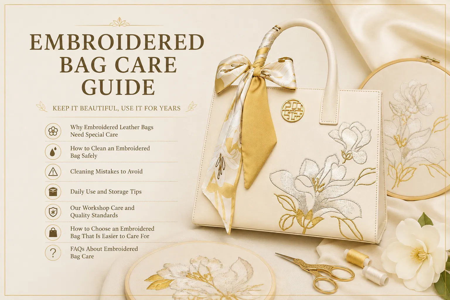 Sinocultural embroidered bag care guide featuring a luxury floral embroidered leather handbag, highlighting cleaning methods, daily care, and storage tips.