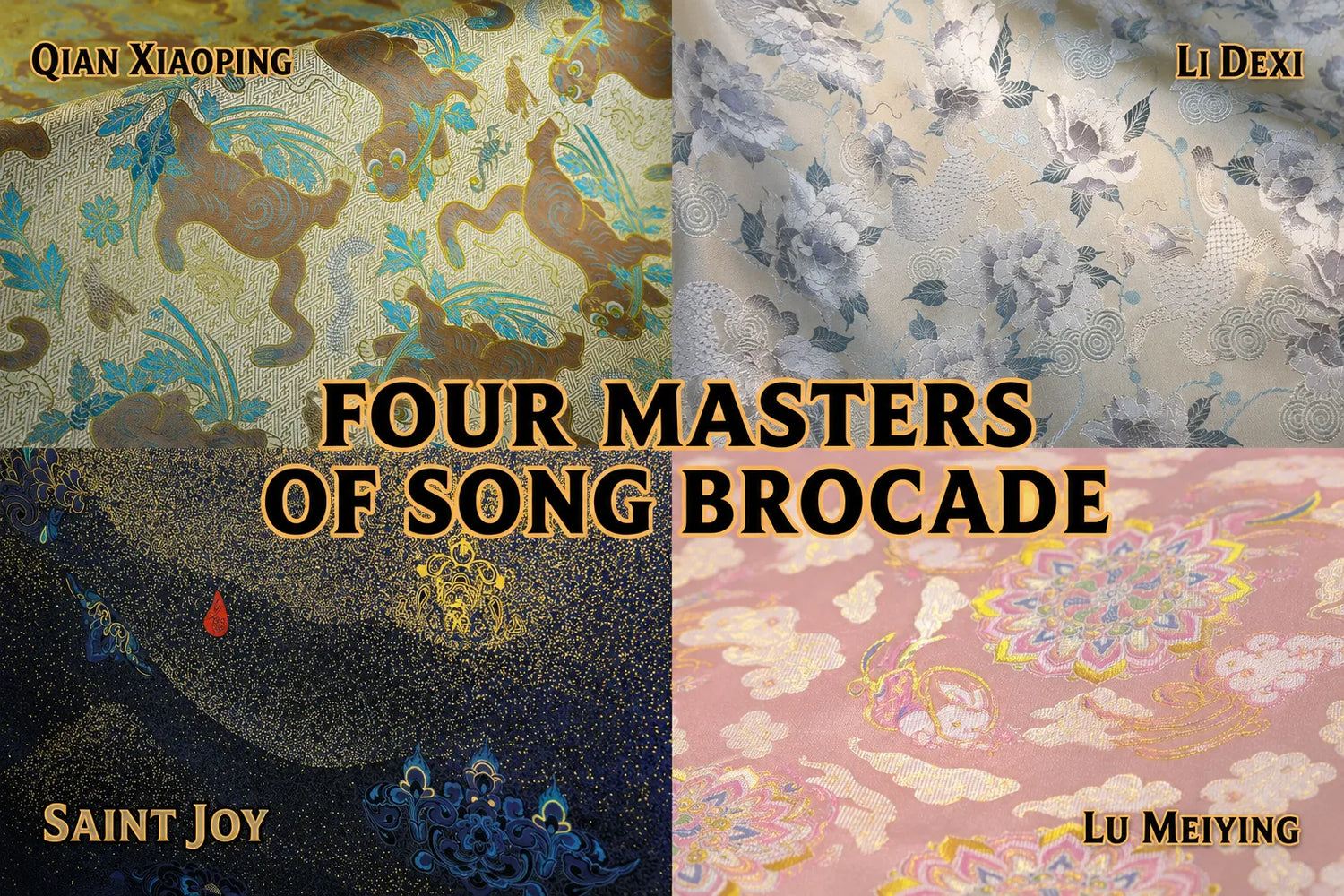 Four Song Brocade textile panels representing Qian Xiaoping, Li Dexi, Lu Meiying, and SAINT JOY, titled Four Masters of Song Brocade.