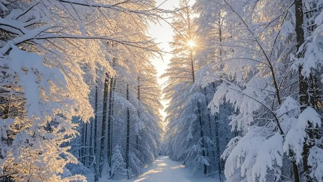 Serene snowy forest path with sunlight for Greater Snow (Daxue) - Winter's deepest elegance.