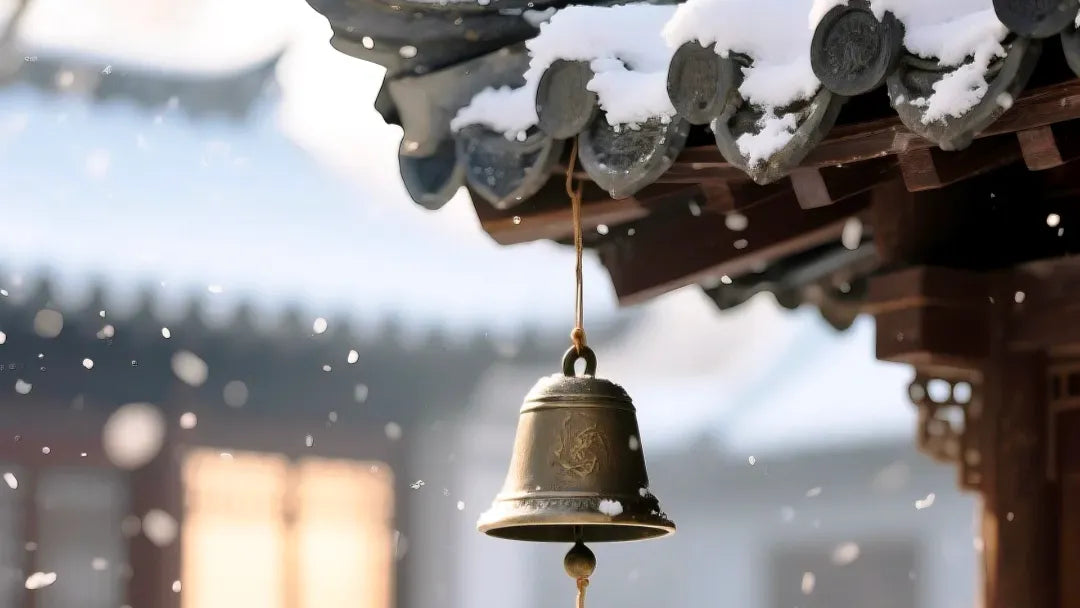 Brass bell hanging from traditional Chinese eaves dusted with snow, with falling snowflakes in a gentle winter scene for Lesser Snow (Xiaoxue).