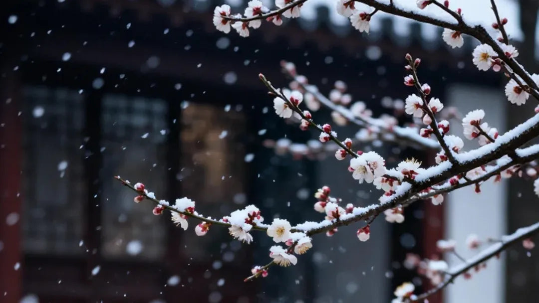 Snow-covered plum blossoms with falling snow, symbolizing Minor Cold (Xiaohan) — the 23rd of China’s 24 Solar Terms — as winter deepens quietly.