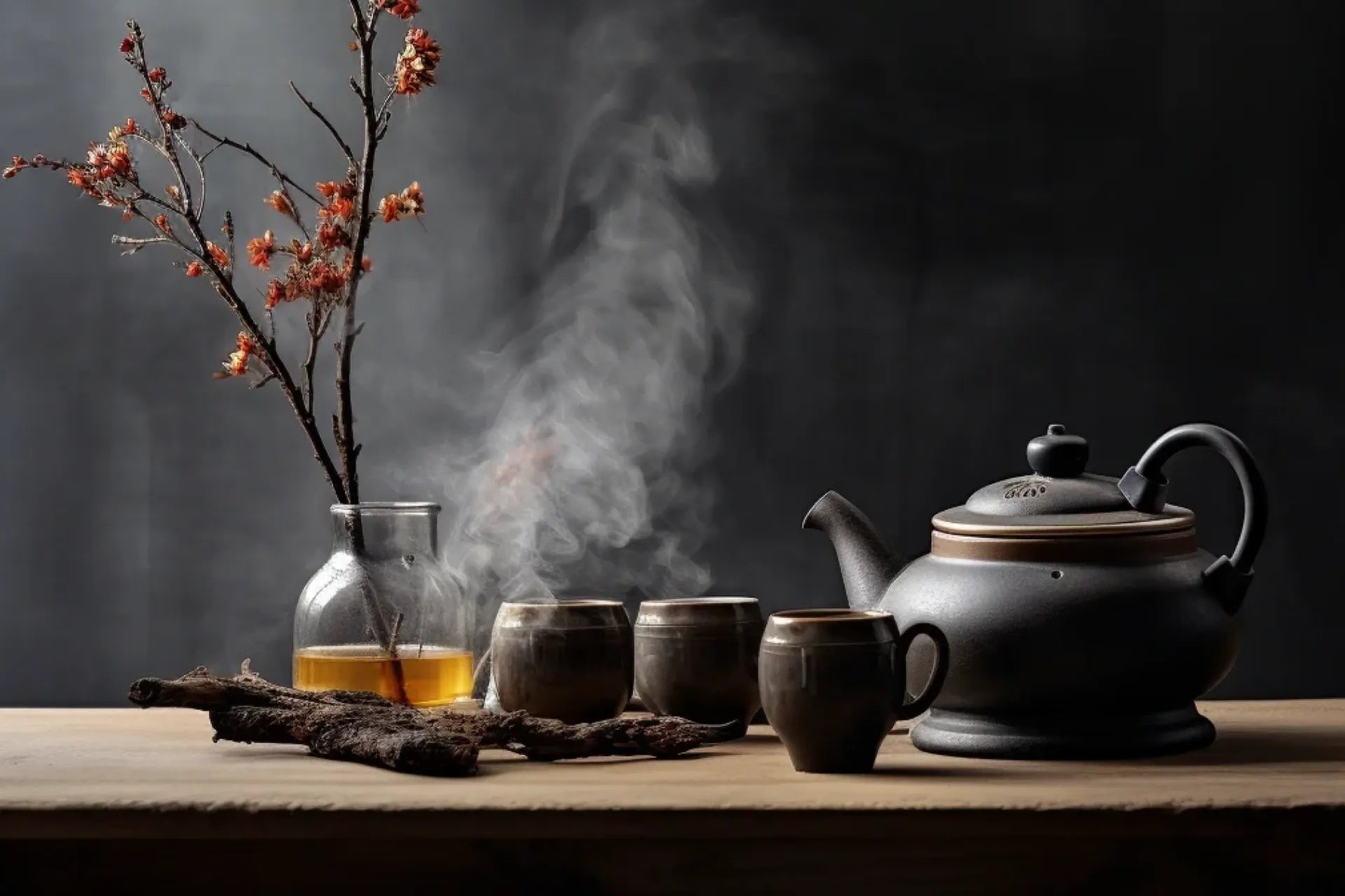 A traditional Chinese tea set with a teapot, steaming cups, and tea on a wooden table, representing the origins, history, traditions, and cultural meaning of Chinese tea culture.