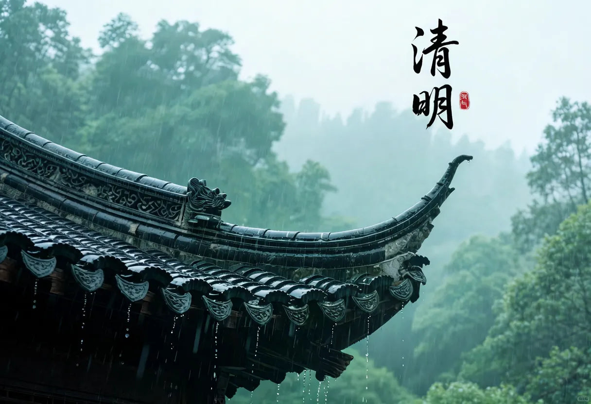 Cover image for “Qingming Ancestor Worship in China: Northern and Southern Customs and Ritual Steps” featuring a rainy traditional Chinese roofline and misty mountains (Qingming Festival).