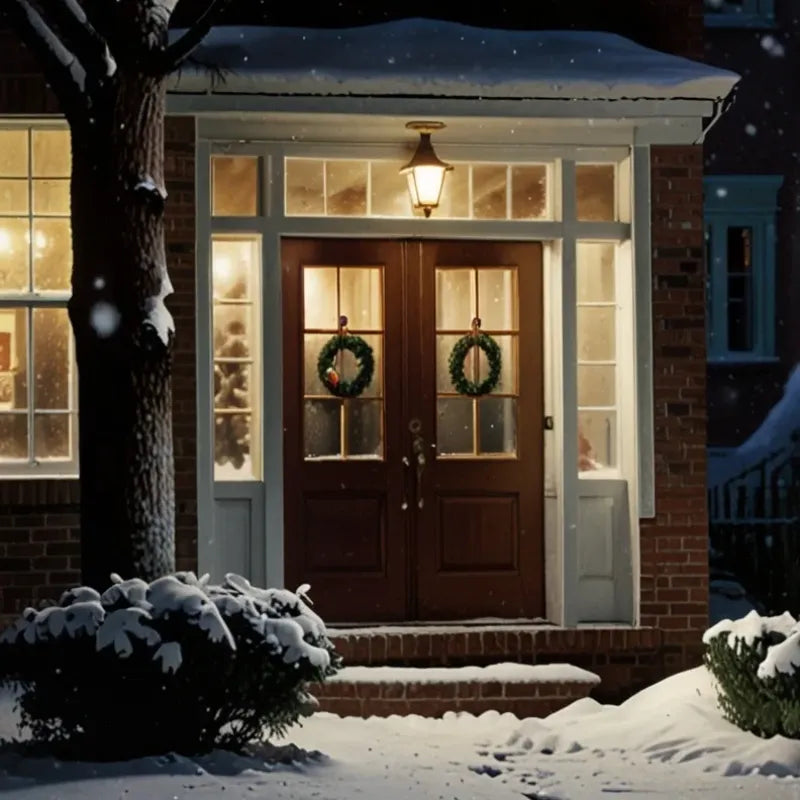 Snowy American front door with wreaths and warm porch lighting, evoking a cozy winter home atmosphere for our autumn & winter decor guide featuring Chinese-inspired table mats.