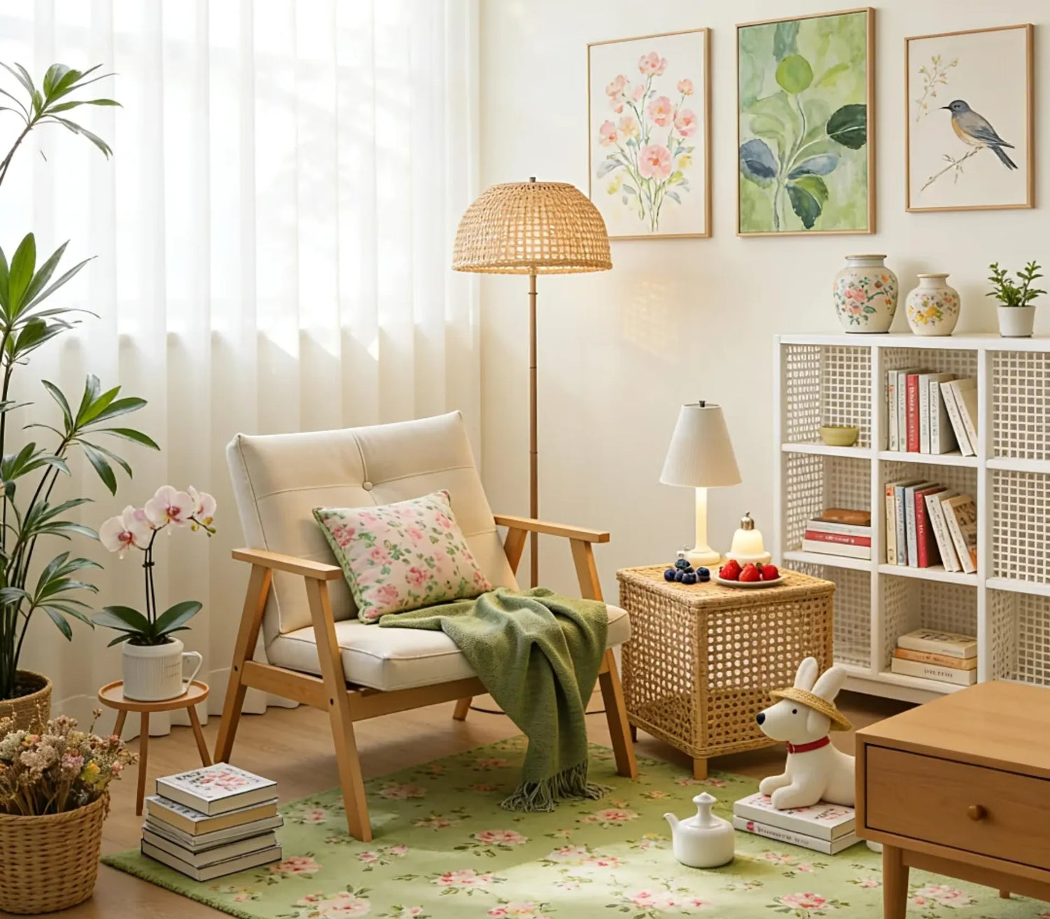 Spring 2026 room-by-room home refresh ideas cover image featuring a bright spring living room decor setup with soft green accents and floral details.