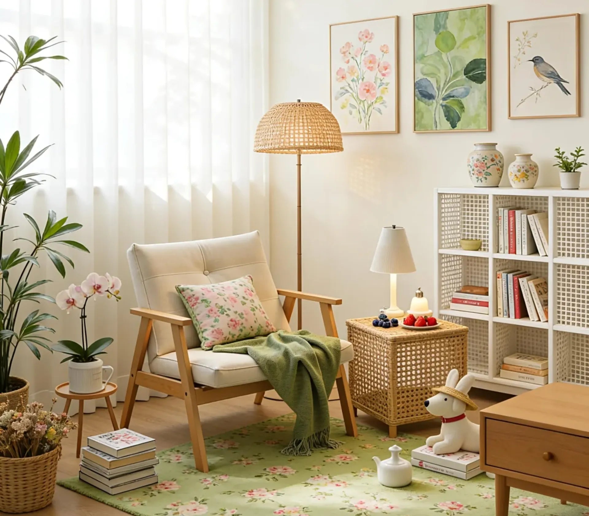 Spring 2026 room-by-room home refresh ideas cover image featuring a bright spring living room decor setup with soft green accents and floral details.