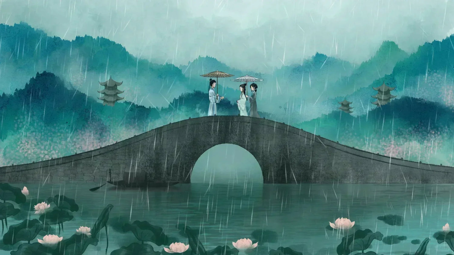 Bai Suzhen (White Snake) and Xiao Qing meet Xu Xian on the Broken Bridge in the rain, traditional Chinese painting style.