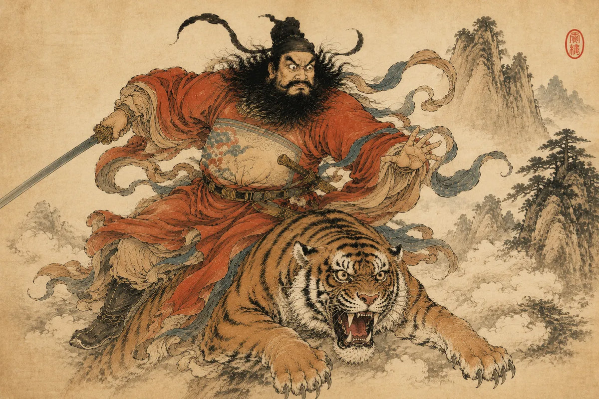Zhong Kui, the Chinese demon queller and guardian spirit, riding a tiger with a sword in traditional Chinese art.