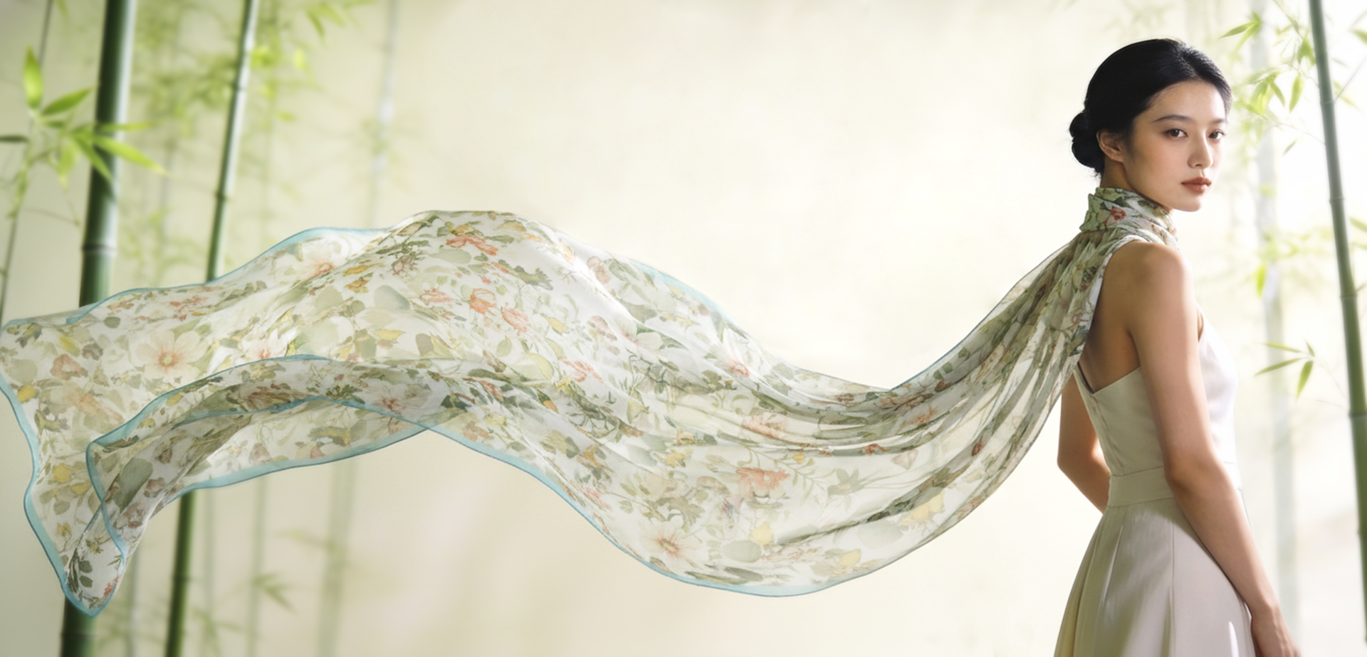 Blue floral Chinoiserie silk scarf long wrap for women 2026 spring