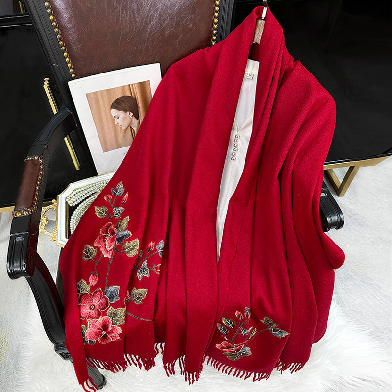 Embroidery Red Wedding Cashmere Shawl Scarf 200*60-Scarf-SinoCultural-Red-HYFSJ045-SinoCultural