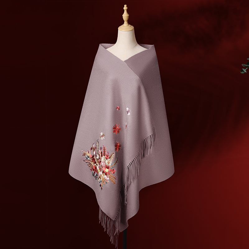Su Embroidery Flower Cashmere Shawl Silk Scarf 200*70-Scarf-SinoCultural-Purple-HYFSJ013-3-SinoCultural