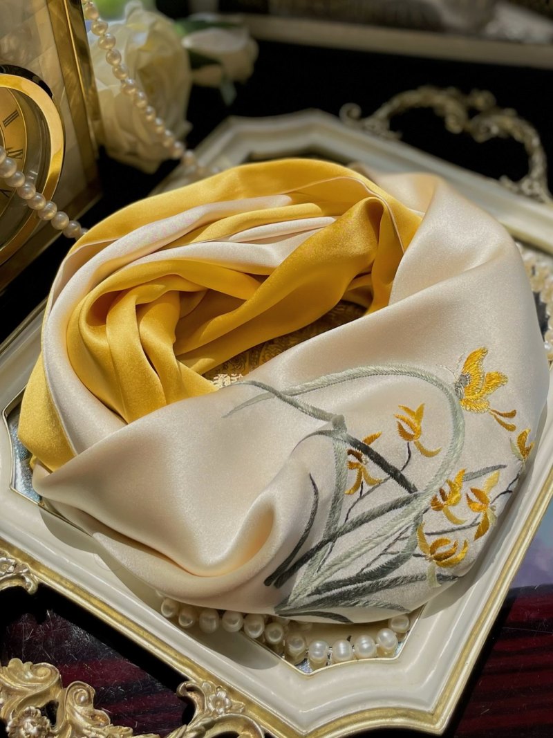 Su Embroidery Handmade Flower Silk Scarf 155*35-Scarf-SinoCultural-SinoCultural