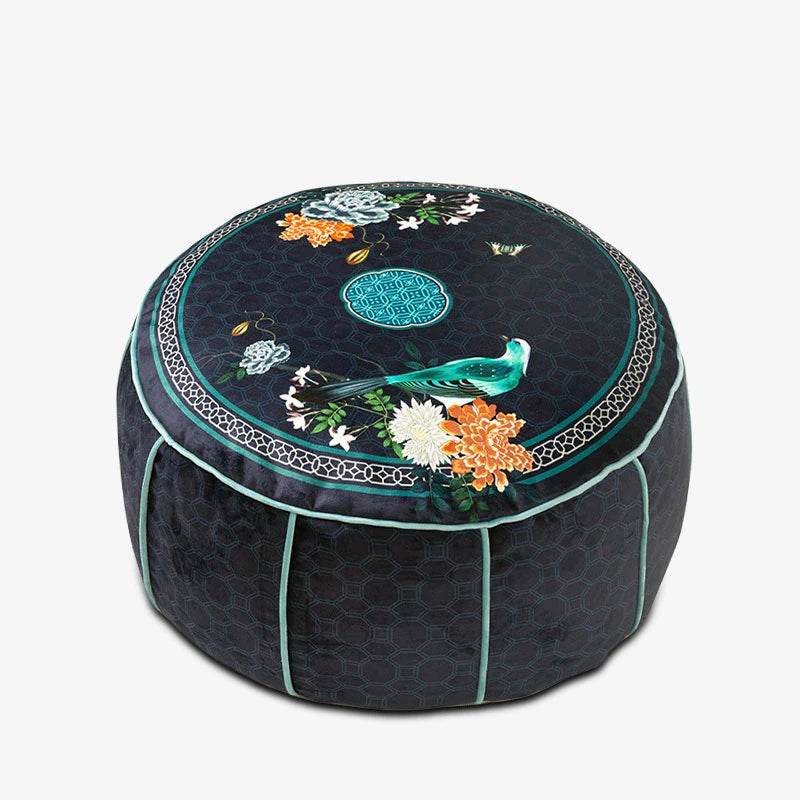 Chinoiserie Plush Bird Blue Living Room Rest Pouf - SinoCultural