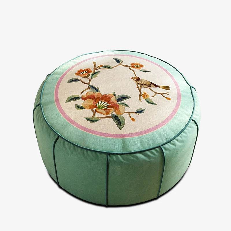 Chinoiserie Plush Green Living Room Rest Pouf - SinoCultural