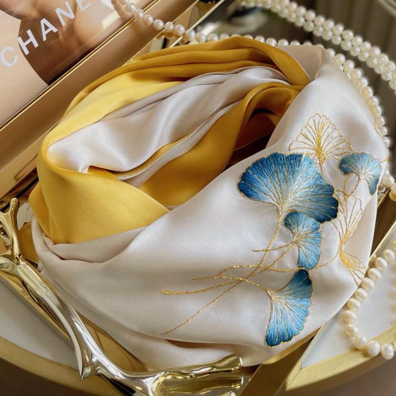 Su Embroidery Handmade Ginkgo Leaves Silk Scarf 155*35