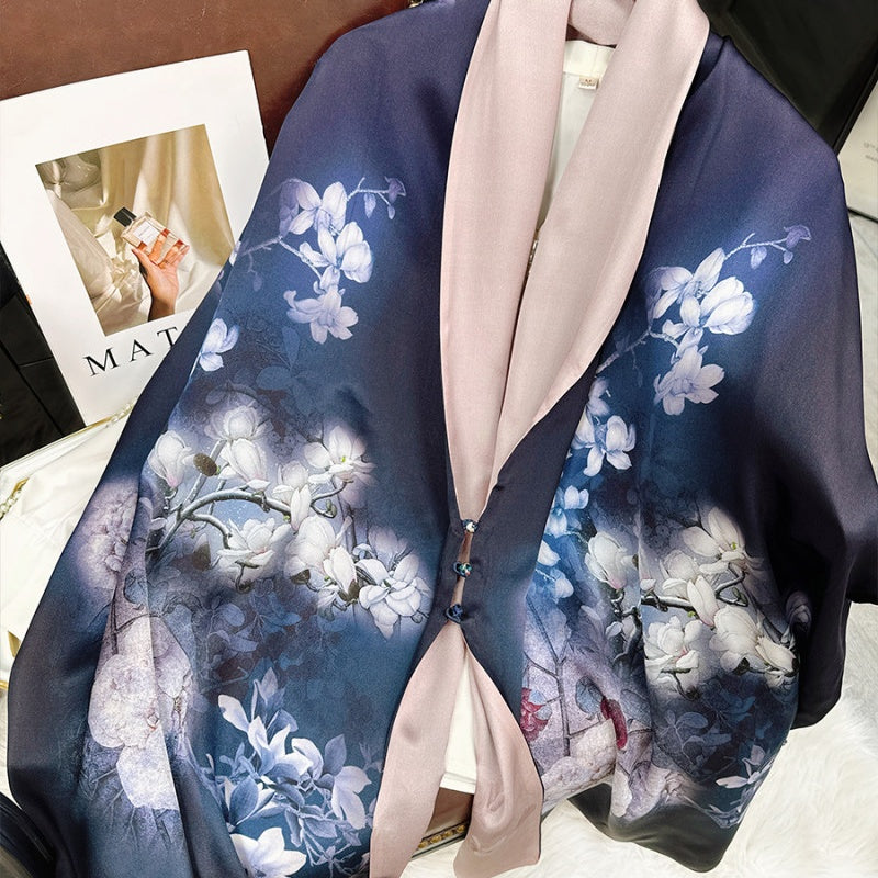 Mulberry Silk Double-sided Color Buckle Shawl Scarf 175*53-Scarf-SinoCultural-Blue-CXFJ009-SinoCultural