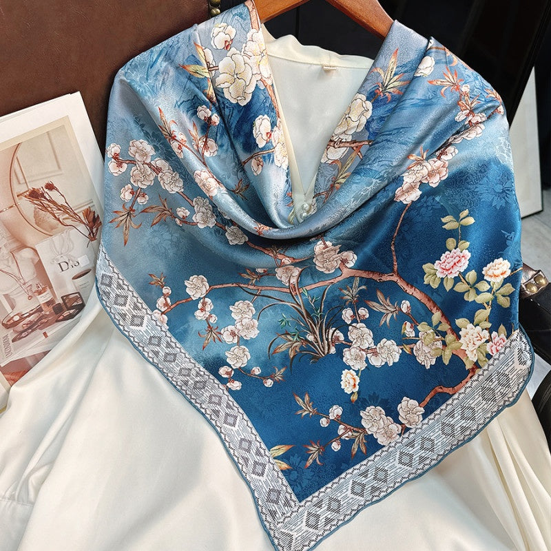 Mulberry Silk Double-sided Pattern Square Scarf 108-Scarf-SinoCultural-Blue-CXFJ002-SinoCultural