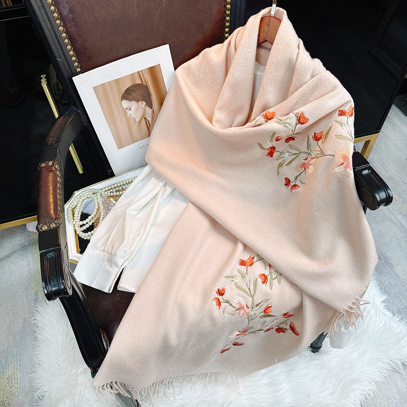 Embroidery Lilac Winter Cashmere Scarf 200*60-Scarf-SinoCultural-Pink-HYFSJ039-SinoCultural