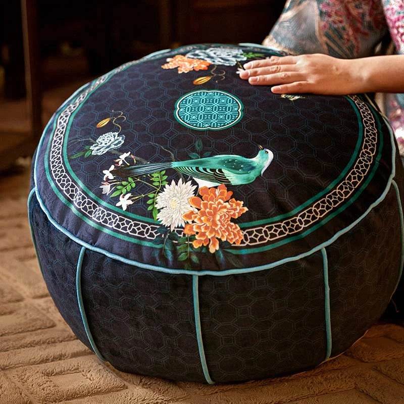 Chinoiserie Plush Bird Blue Living Room Rest Pouf - SinoCultural