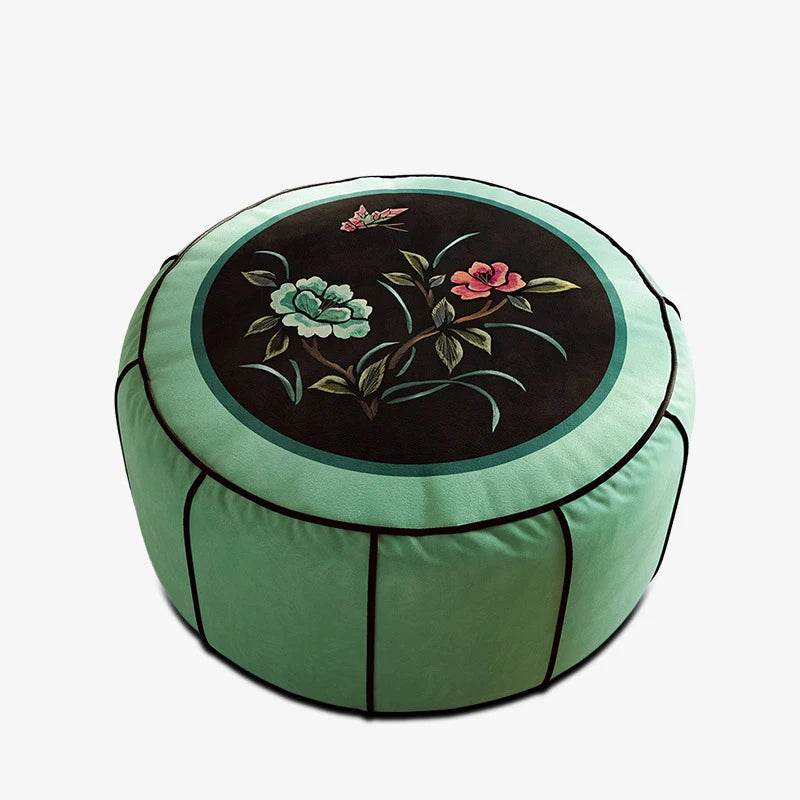 Chinoiserie Plush Green Living Room Rest Pouf - SinoCultural