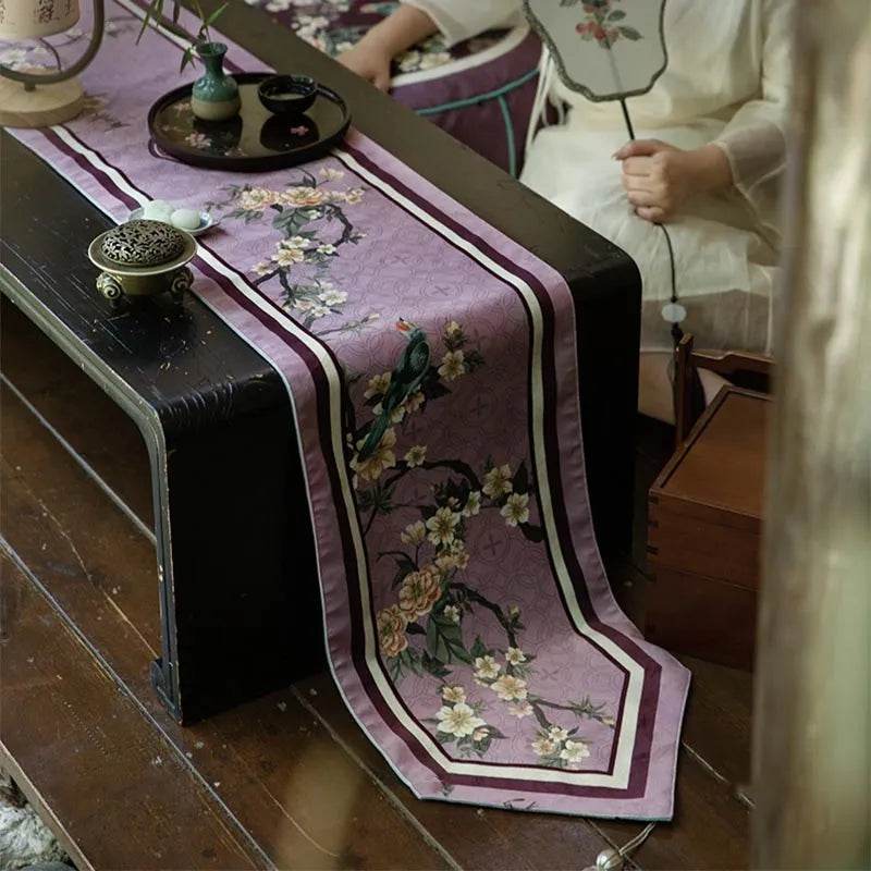 Chinoiserie Retro Luxe Purple Floral Tea Table Runner - SinoCultural