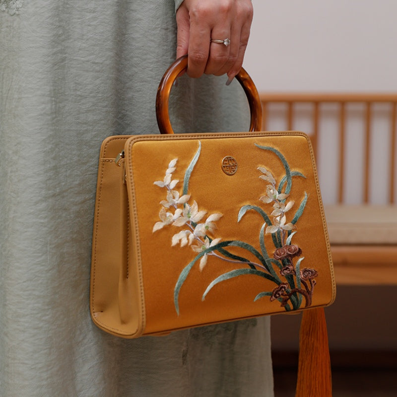 Hand Embroidery Orchid Leather Handbag-SinoCultural
