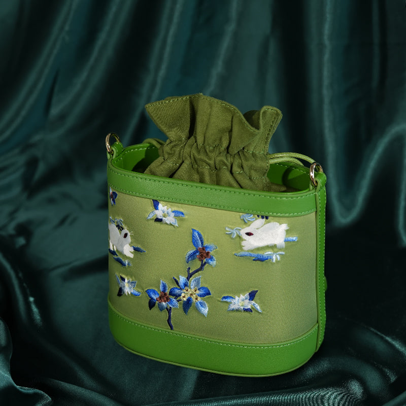 Handcrafted Embroidered Silk Osmanthus Green Bucket Bag-Bucket Bag-SinoCultural-SinoCultural