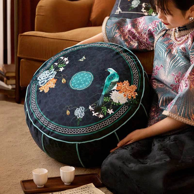Chinoiserie Plush Bird Blue Living Room Rest Pouf - SinoCultural