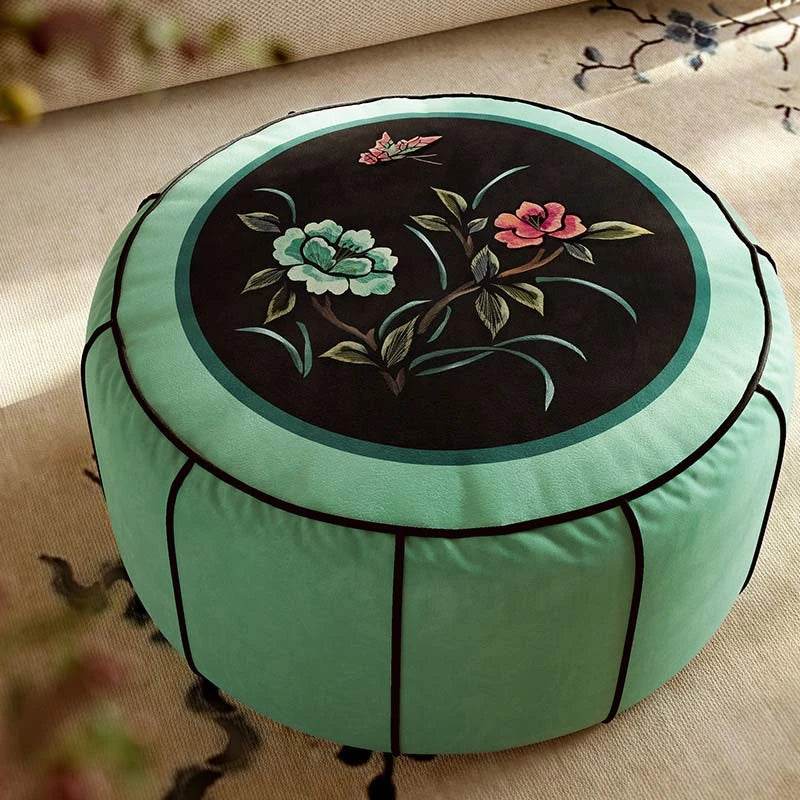 Chinoiserie Plush Green Living Room Rest Pouf - SinoCultural
