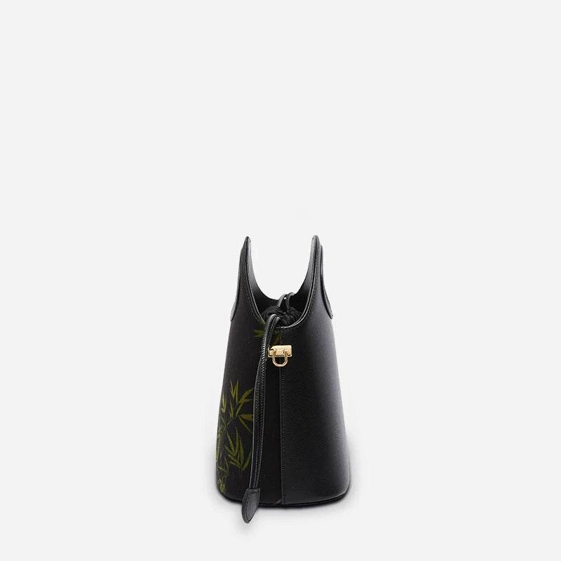 Xiangyunsha Silk Bamboo Black Drawstring Bucket Bag - SinoCultural -- YS120670-1 - 