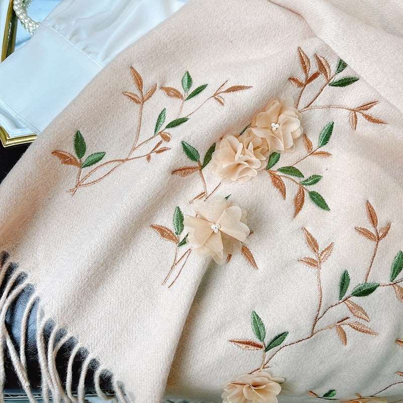Embroidery Rose Winter Cashmere Shawl Scarf 200*60-Scarf-SinoCultural-Beige-HYFSJ038A01-SinoCultural